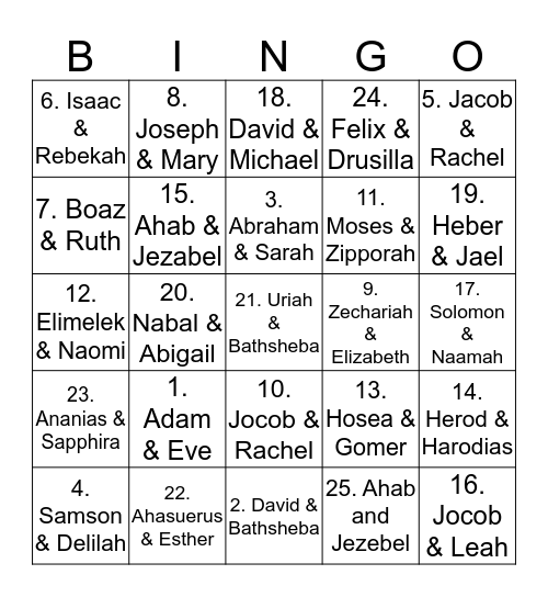 Bible Couples Bingo Card