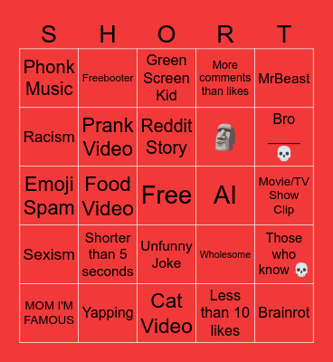Youtube Shorts Bingo Card