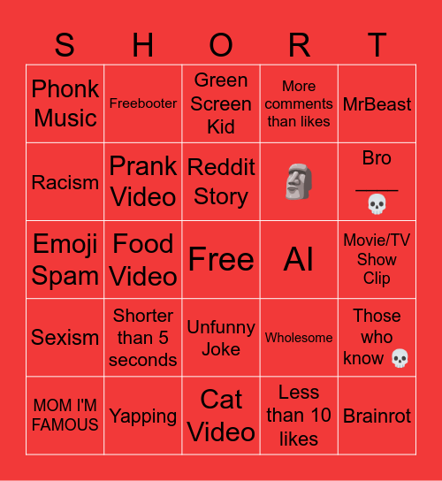 Youtube Shorts Bingo Card