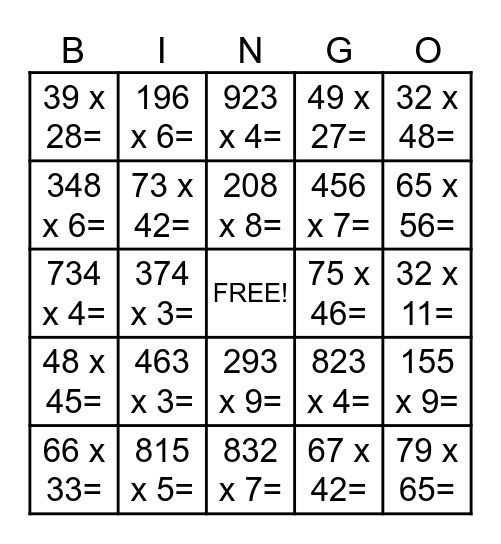 Multiplication Bingo Card