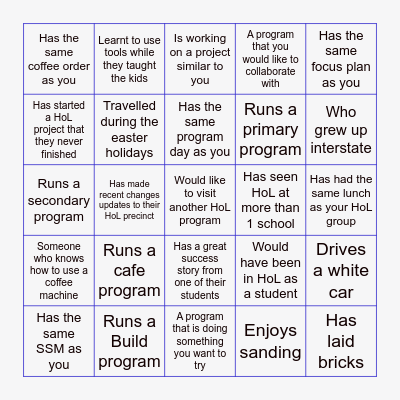 Hands on Learning Bingo Card