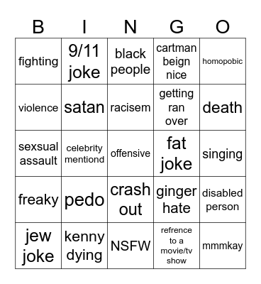 southpark Bingo Card