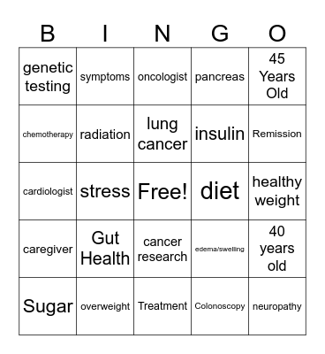 Chronic Disease Bingo Card