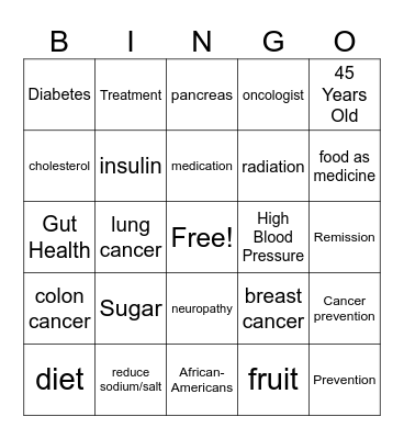 Chronic Disease Bingo Card