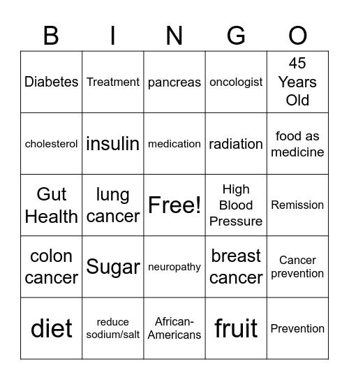 Chronic Disease Bingo Card