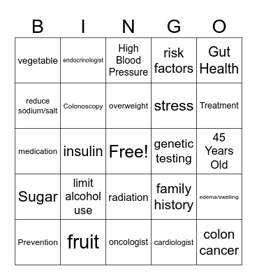 Chronic Disease Bingo Card
