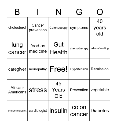 Chronic Disease Bingo Card