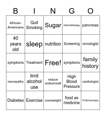 Chronic Disease Bingo Card