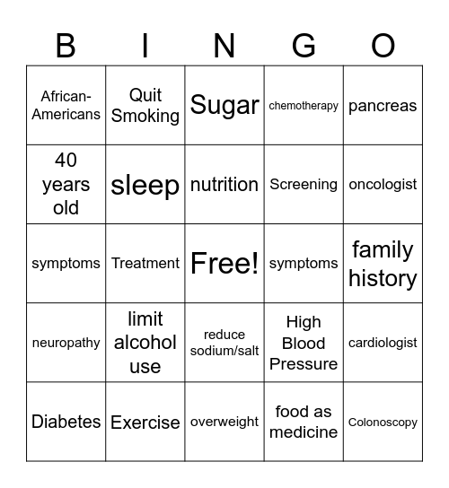 Chronic Disease Bingo Card