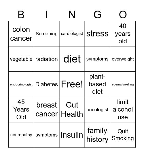 Chronic Disease Bingo Card