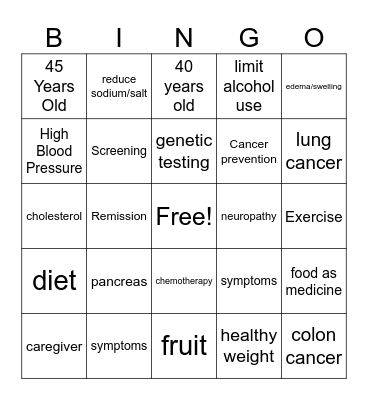 Chronic Disease Bingo Card