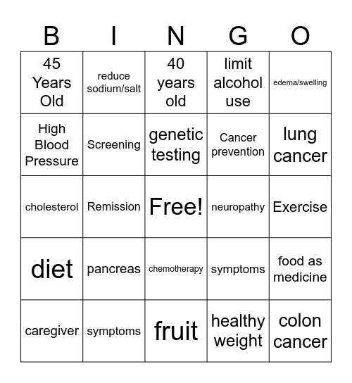 Chronic Disease Bingo Card