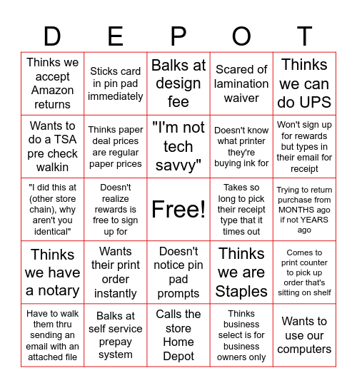 Office Depot Bingo Card