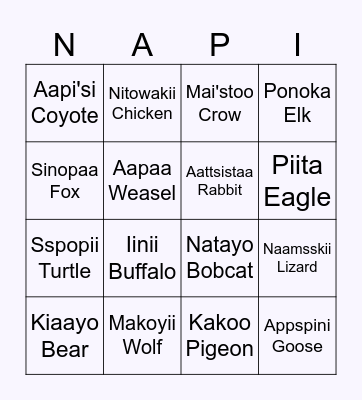 Blackfoot Animal Bingo Card