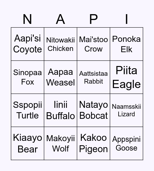 Blackfoot Animal Bingo Card