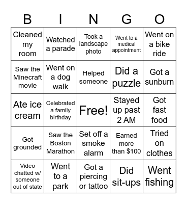 April Vacation Bingo Card