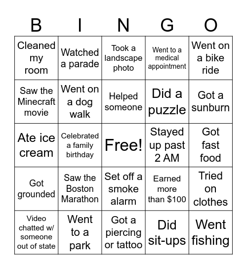 April Vacation Bingo Card