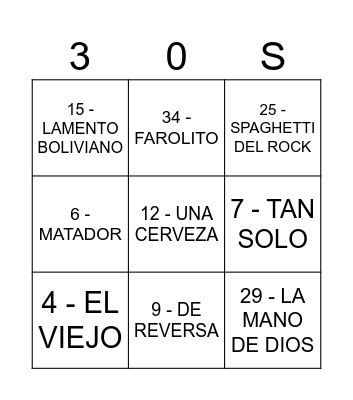 BINGO MUSICAL 30 FEFO Bingo Card