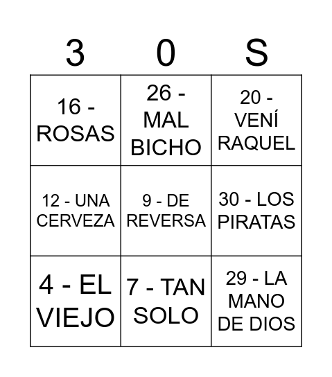 BINGO MUSICAL 30 FEFO Bingo Card