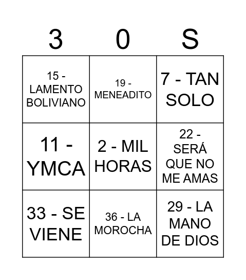 BINGO MUSICAL LOS 30 DE FEFO Bingo Card