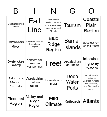 SS8G1 & SS8E1: Geography, Water and Transportation Bingo Card