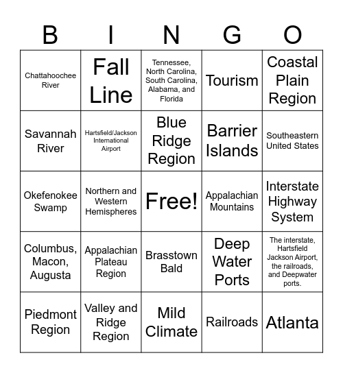 SS8G1 & SS8E1: Geography, Water and Transportation Bingo Card