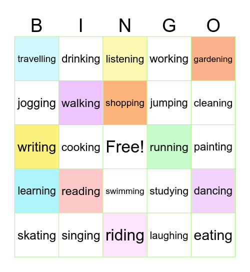Gerund Bingo Card
