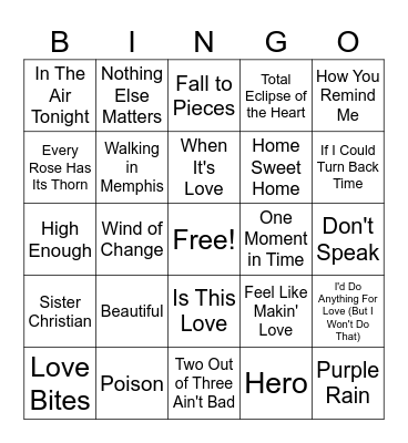 Power Ballads Bingo Card