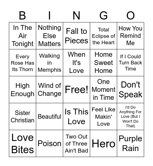 Power Ballads Bingo Card