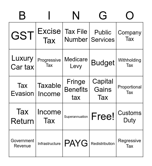 Taxation Bingo Card