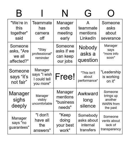 Layoff Bingo Card