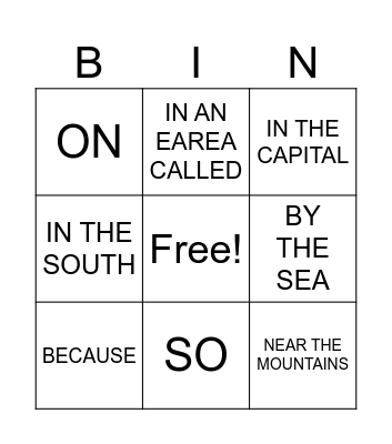PREPOSITIONS AND CONNECTORS Bingo Card