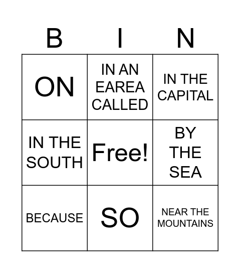 PREPOSITIONS AND CONNECTORS Bingo Card