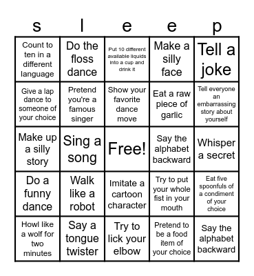 sleep over bingo Card
