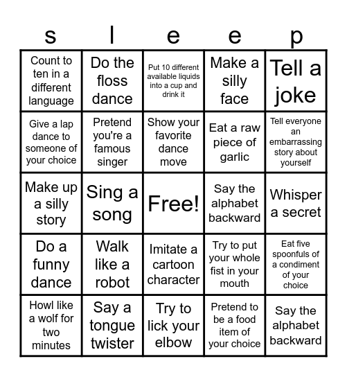 sleep over bingo Card