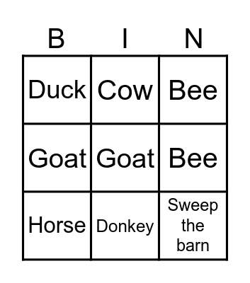 Farm animals Bingo Card