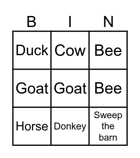Farm animals Bingo Card