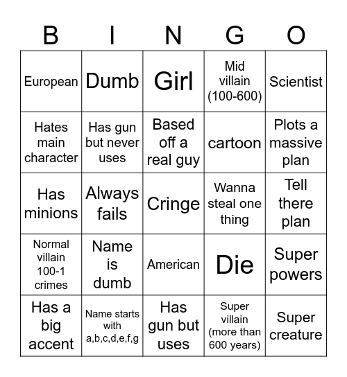 Dream works bingo Card