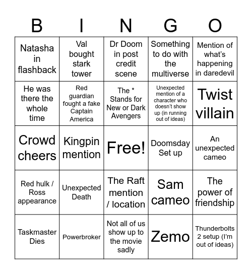 Thunderbolts Bingo Card