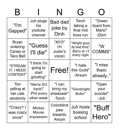 Bonkers VC Bingo Card