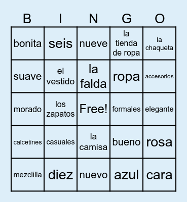 la ropa vocabulario Bingo Card