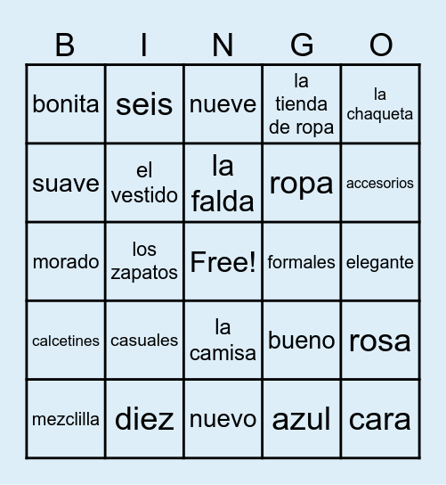 la ropa vocabulario Bingo Card
