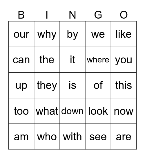 Sight Word Bingo Card