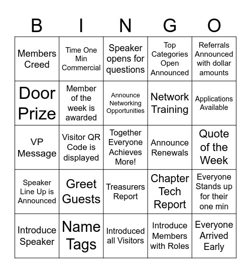 Team Bingo! Bingo Card