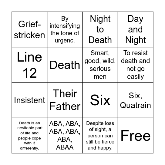 Do Not Go Gentle Into That Good Night Bingo Card
