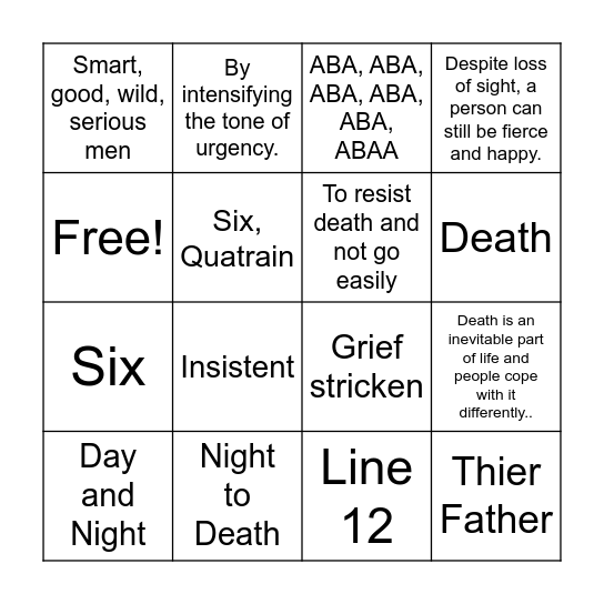 Do Not Go Gentle Into That Good Night Bingo Card