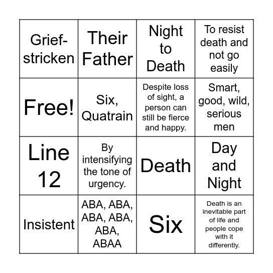 Do Not Go Gentle Into That Good Night Bingo Card