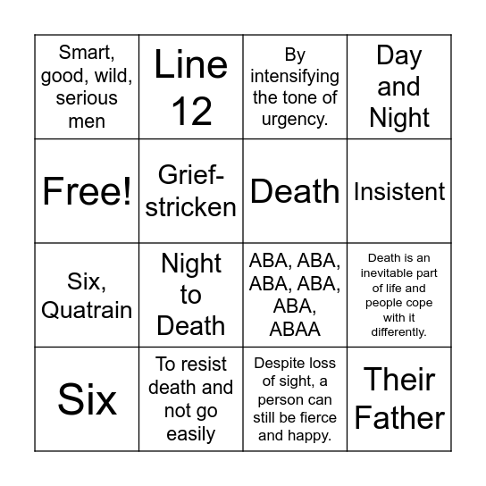 Do Not Go Gentle Into That Good Night Bingo Card