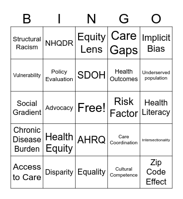 Health Equity Bingo Card