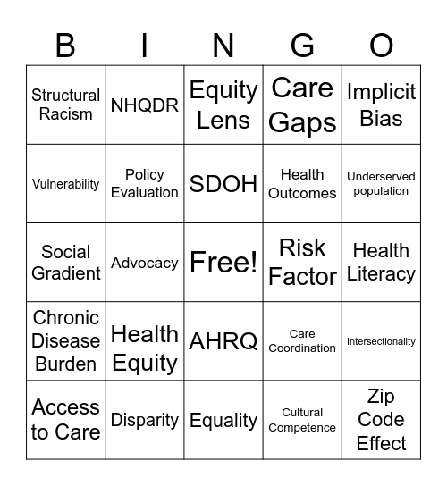 Health Equity Bingo Card